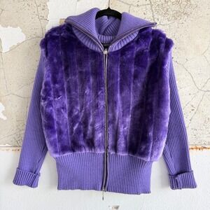 Y2K Faux Fur Cardigan Sweater Full Zip Ribbed Knit Purple Womens XL Maximalist‎